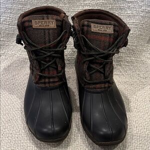 Sperry Plaid and Black Duck Boots